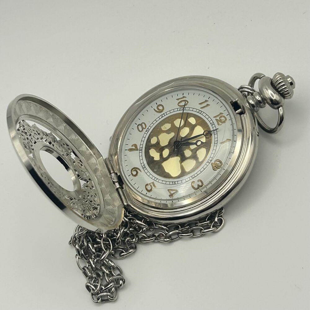 Open Center Silver Tone Vintage Style Pocket Watch Necklace Working New Battery